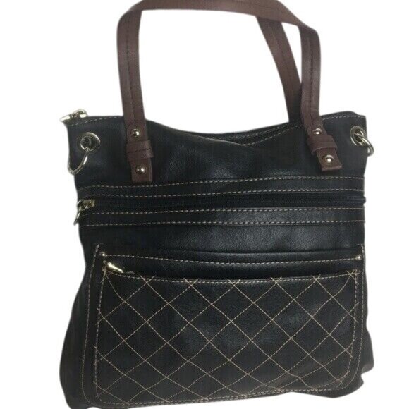 Relic Black Faux Leather Bag Purse Brown Strap Quilted Front Pockets Zip Closure - Picture 1 of 7